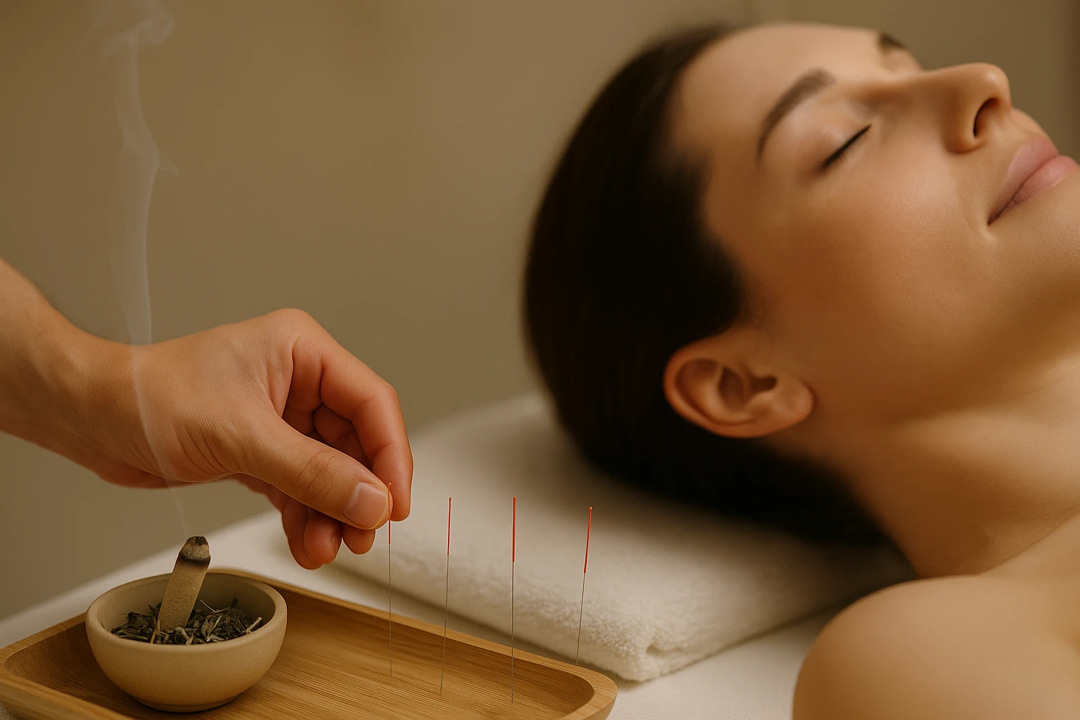 Mulher relaxando durante sessão de acupuntura com moxa na Multiclínica do Algarve