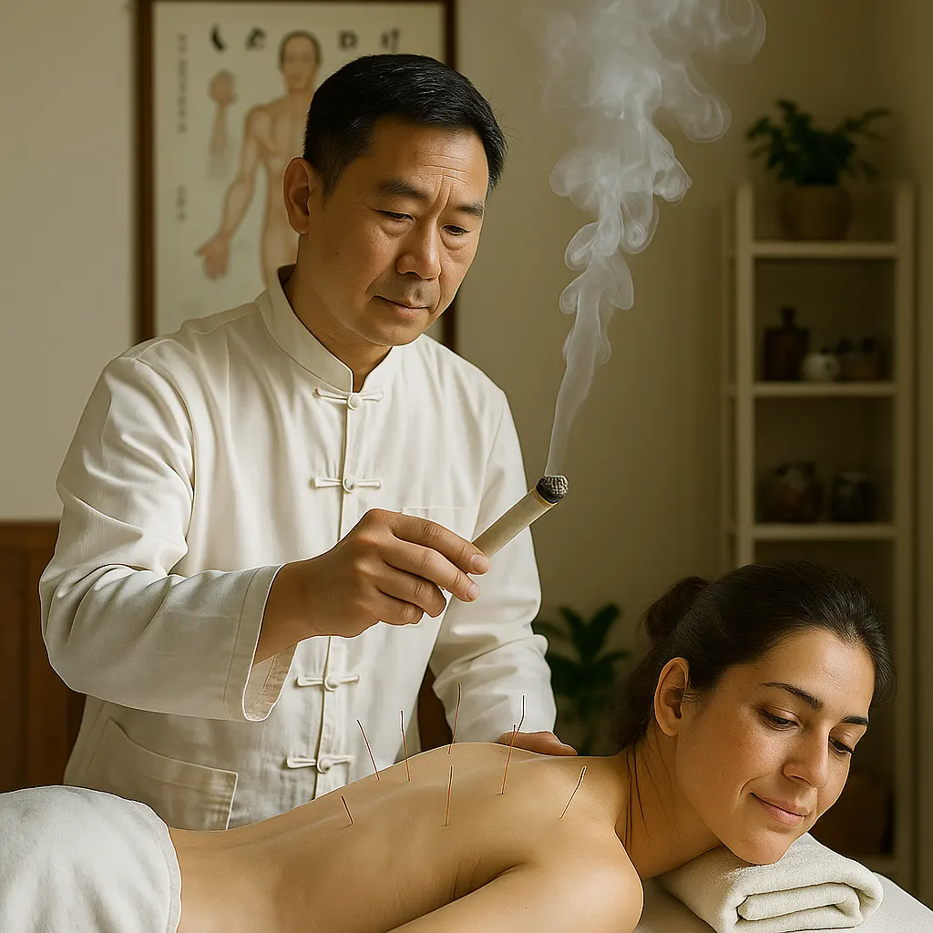 Traditional Chinese acupuncture session with moxibustion in Quarteira