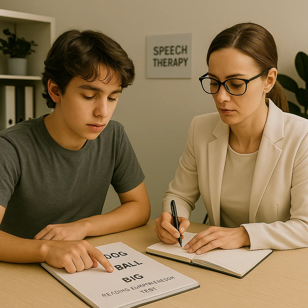 Youngster takes reading test with speech therapist in professional clinic environment. Speech pathologist in Quarteira