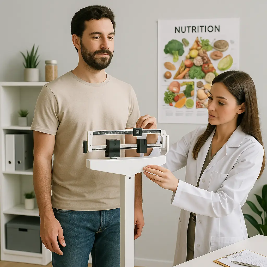 Nutritionist carrying out a weight assessment during a nutrition consultation at Multiclínica do Algarve. Clinical nutrition in the Algarve