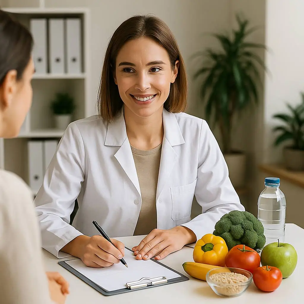 Nutritionist guiding patient in clinical nutrition consultation at Multiclínica do Algarve