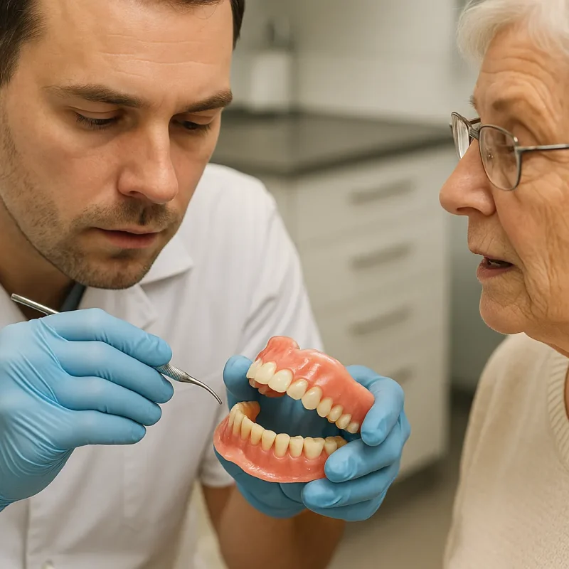 A dentist explaining the use of dentures to an elderly patient in a dental practice.