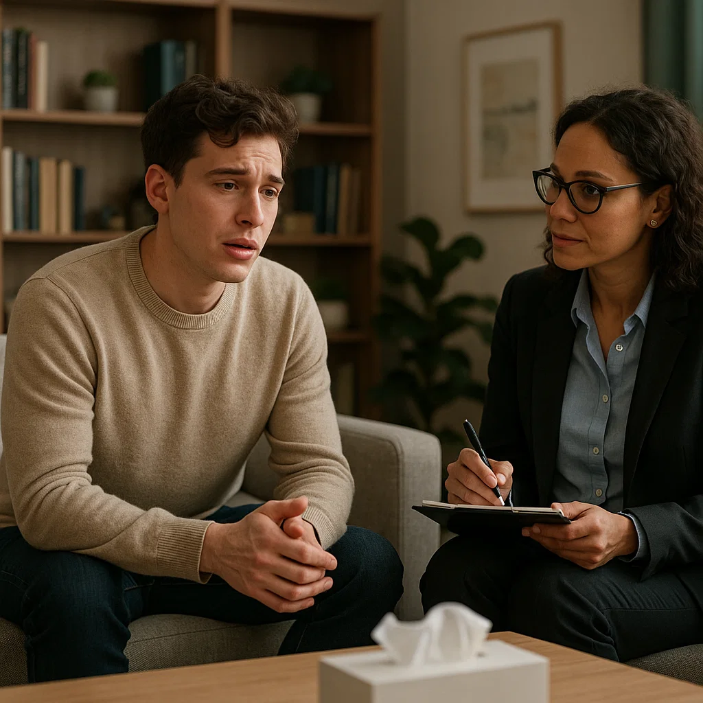 Psychologist listening to the patient during a therapy session in a private practice in Quarteira