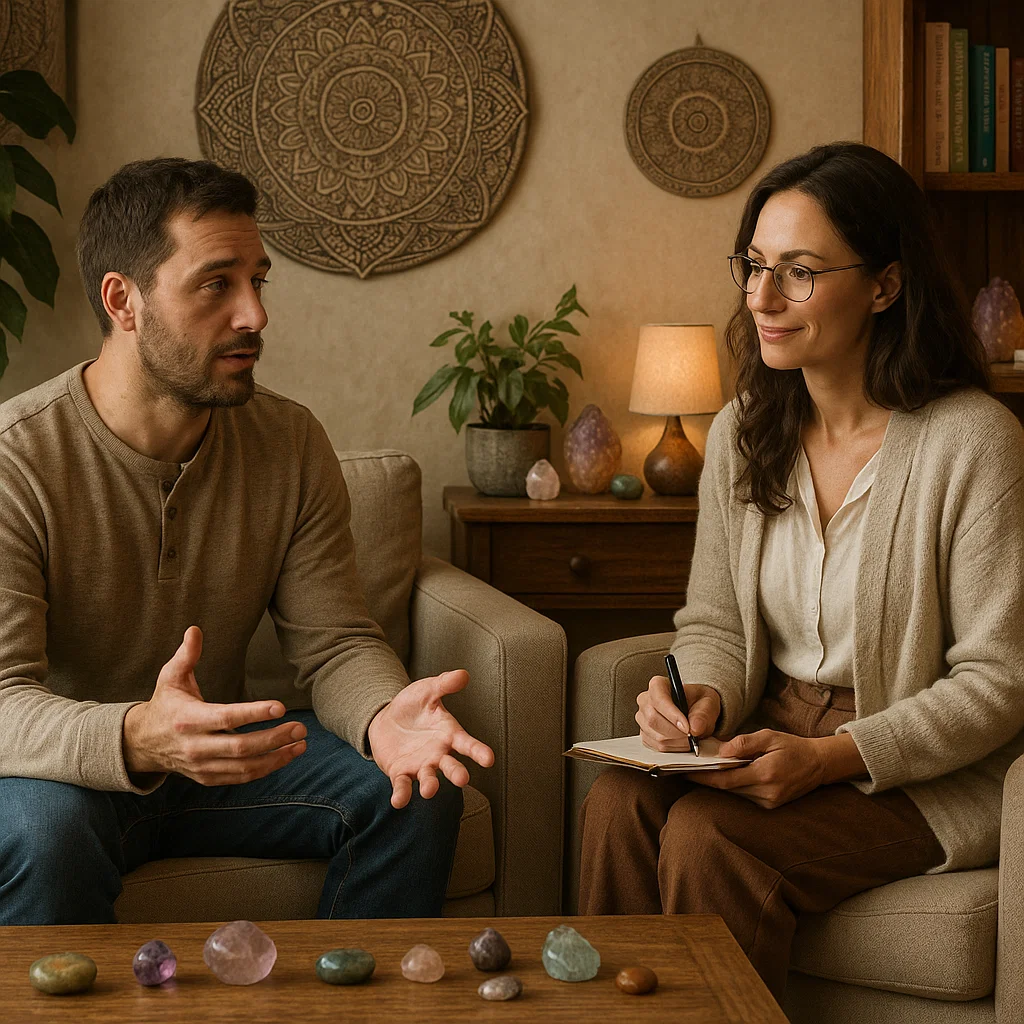 Psychologist listening to patient in a quiet environment with therapeutic crystals on the table