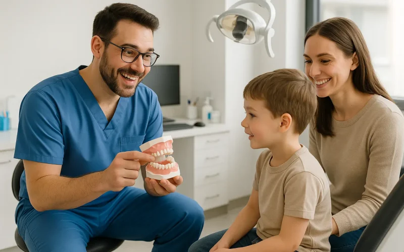 A dentist shows a denture to a child with his mother during a paediatric dentistry appointment.