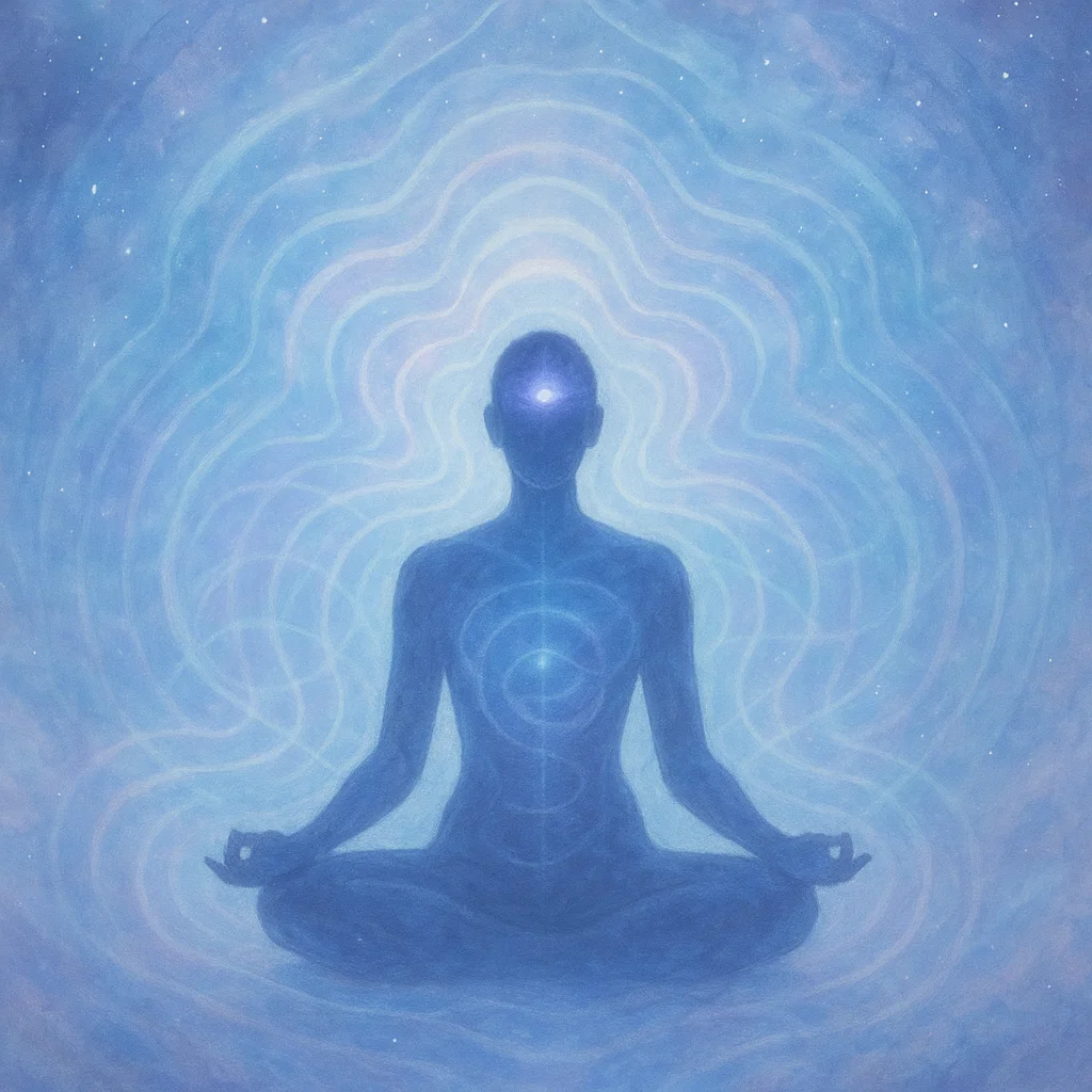 Silhouette in deep meditation with aligned chakras and blue aura in transpersonal hypnotherapy session