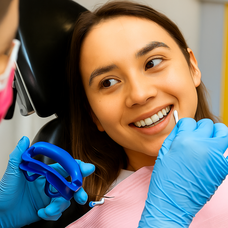 Patient smiling during a dental check-up while the dentist prepares the treatment with a blue mouthguard