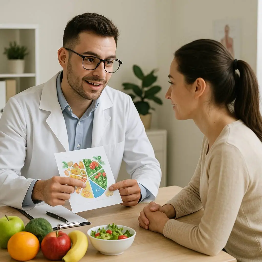 Nutrition expert explaining individual diet plan at Multiclínica do Algarve
