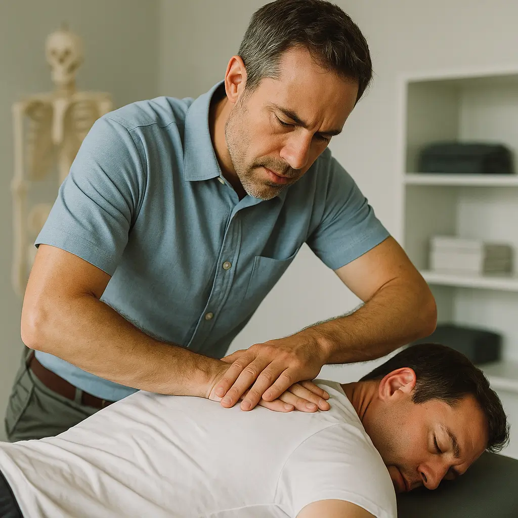 Benefits of Chiropractic. Chiropractor performing a spinal adjustment on a patient in Quarteira