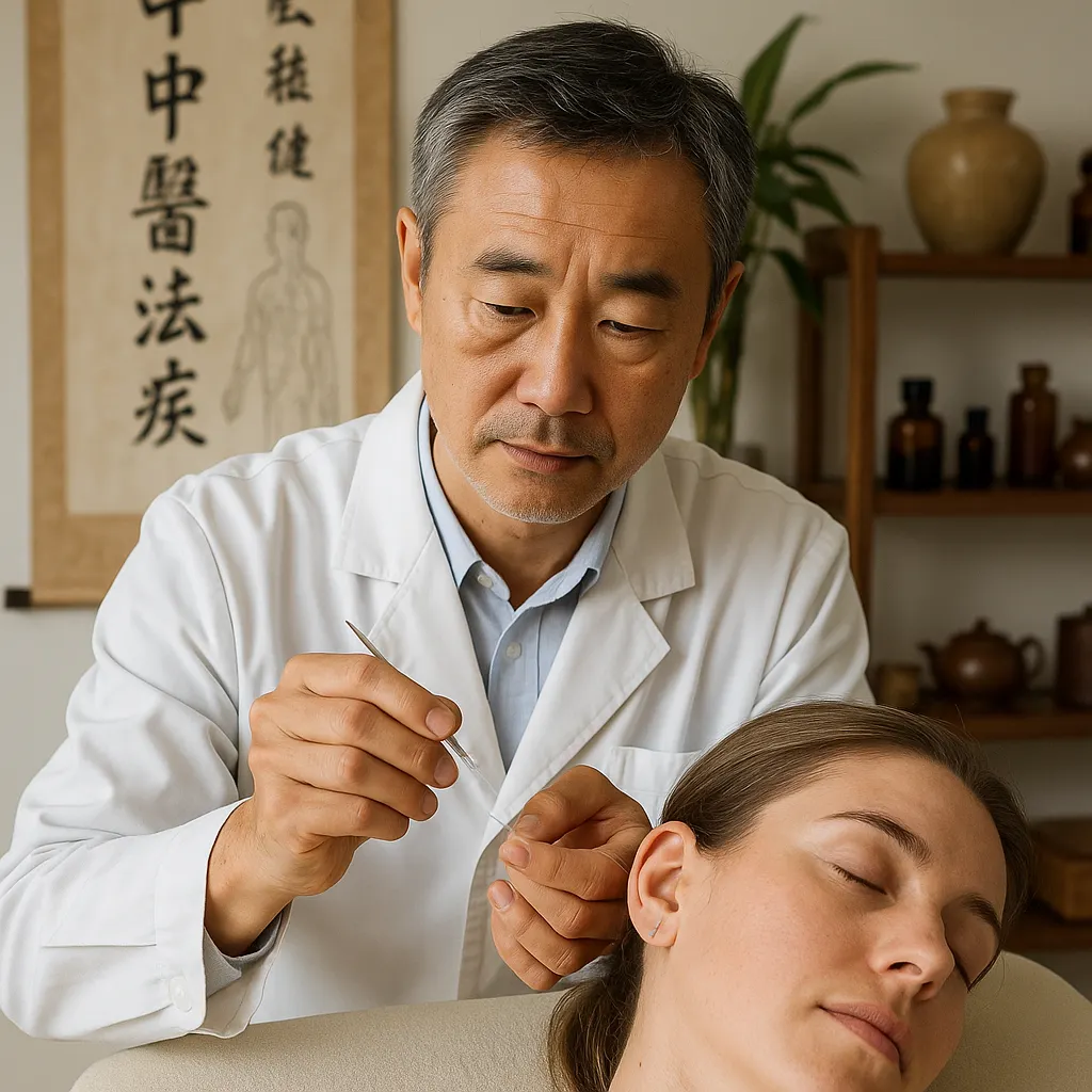 Therapist applying acupuncture to a patient's ear during a traditional Chinese medicine session at a wellness clinic