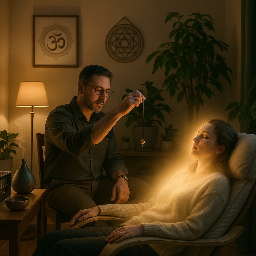 Clinical Psychology Transpersonal and Regressive Hypnotherapy in Quarteira, Hypnotherapist applying pendulum technique while patient enters altered state of consciousness.