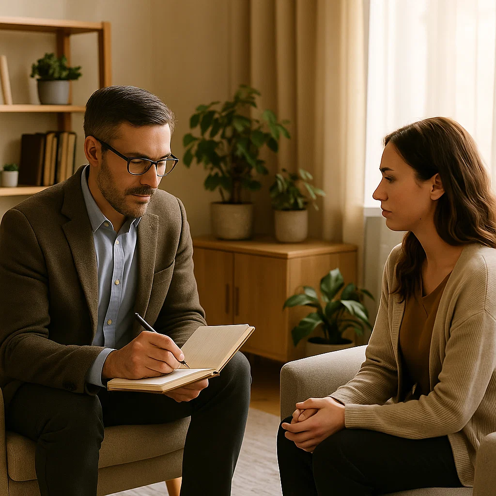 A psychologist talking to a patient during a therapy session at an office in Quarteira.