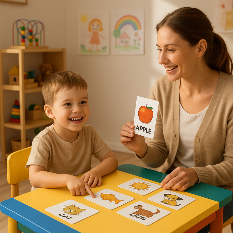 Speech therapist interacting with a child during a session in Quarteira, using picture cards and words to stimulate language and correct pronunciation.