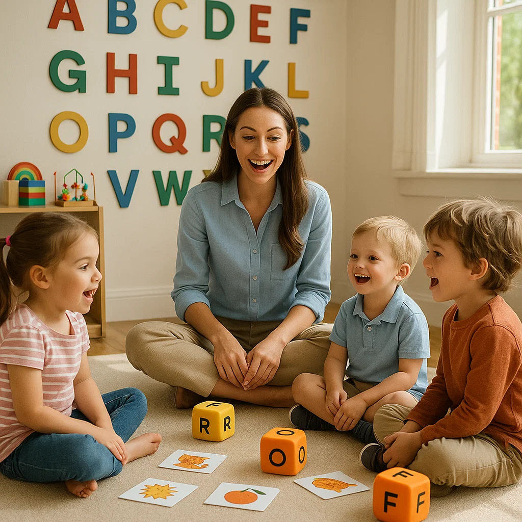 A speech therapist in the Algarve interacts with three children using illustrated cards and coloured dice in a cosy office.