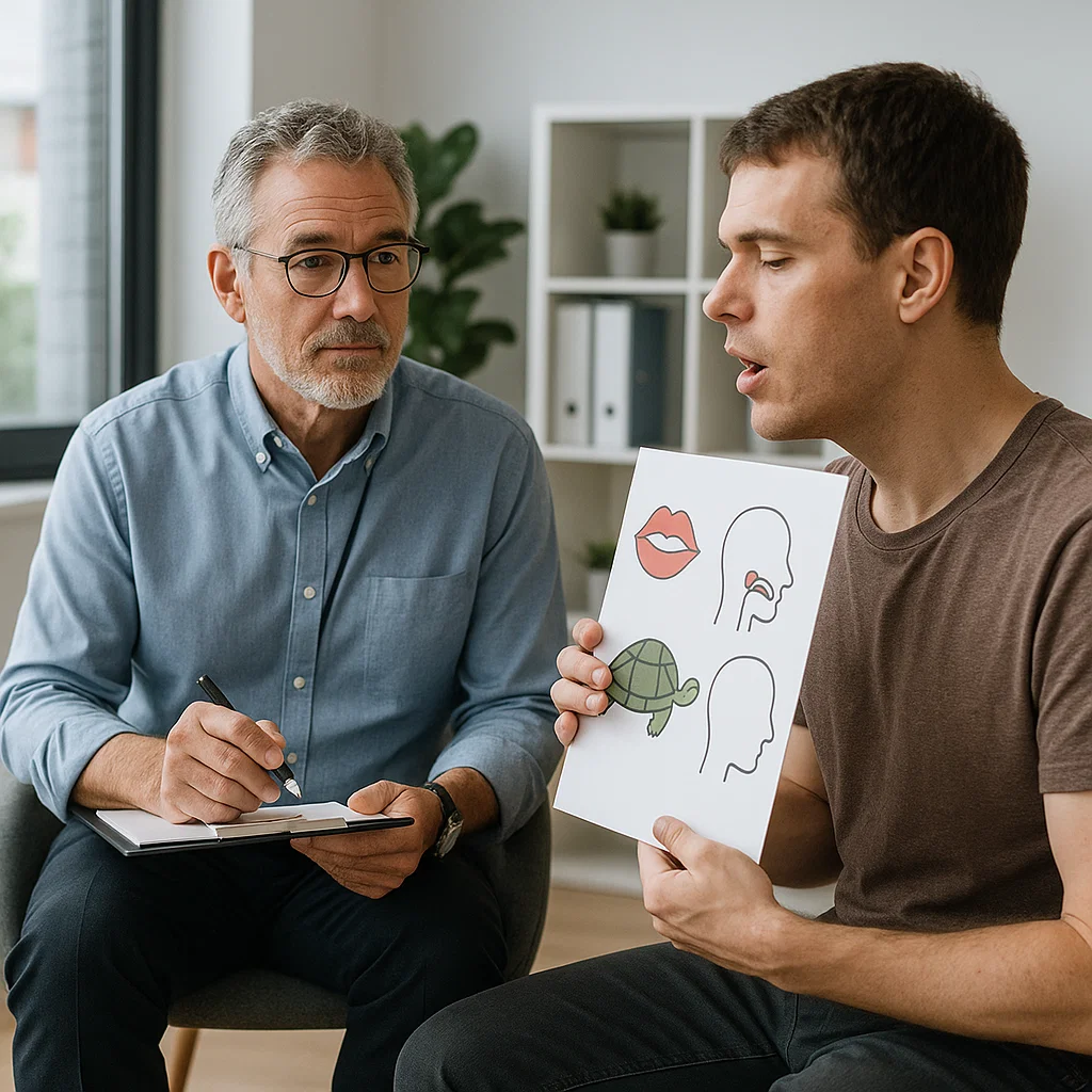 Adult patient taking part in a speech therapy language rehabilitation session in Quarteira at Multiclínica do Algarve, using visual material for speech rehabilitation and oral coordination.
