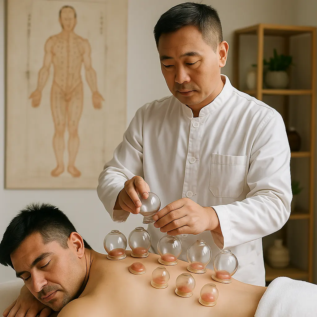 Traditional Chinese cupping therapy session to relieve muscle pain.