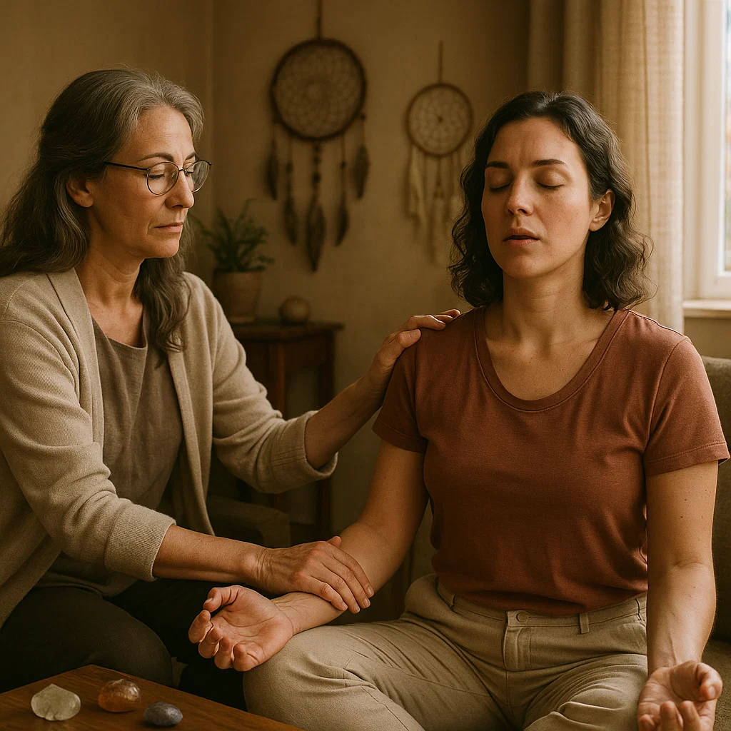 regressive hypnotherapy Quarteira, Therapist holding patient's arm during regression with eyes closed and conscious breathing