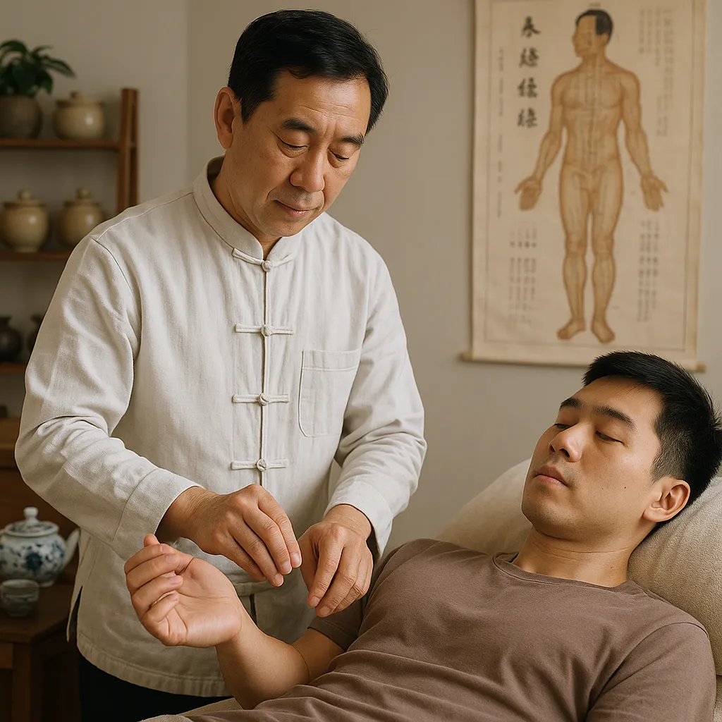 Chinese medicine specialist placing acupuncture needles on the arm of a patient undergoing treatment