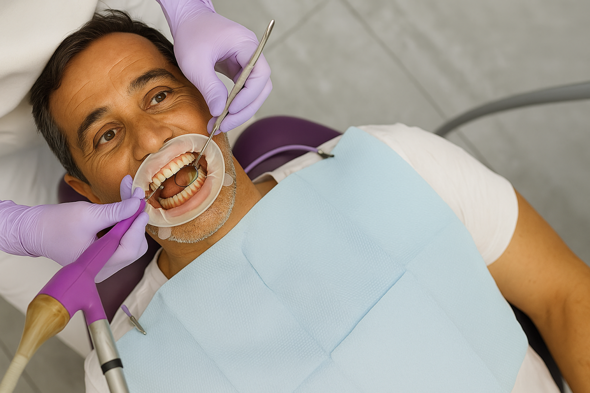 Adult patient receiving dental treatment with mouth separator in dental clinic