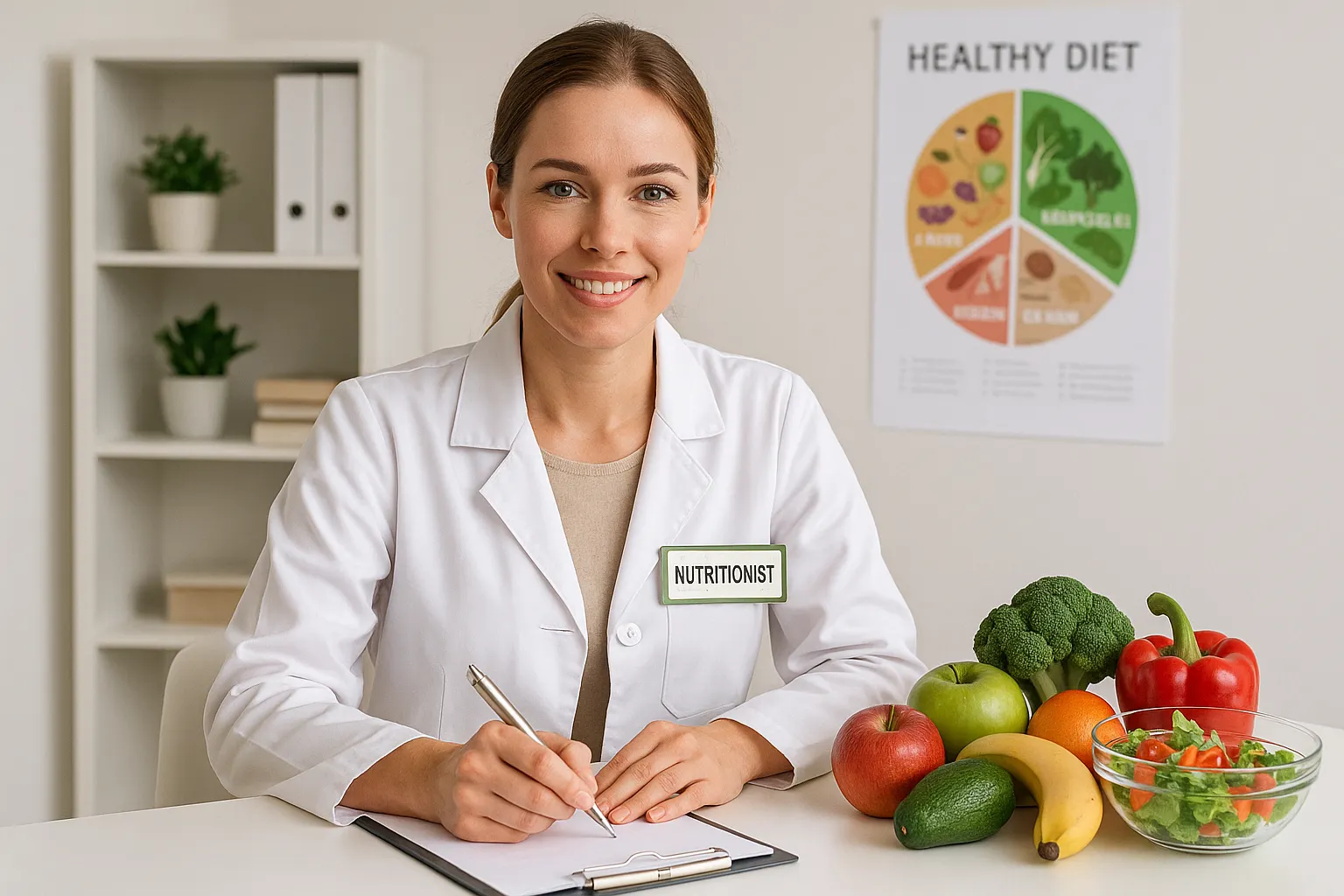 Nutritionist in Quarteira smiling as she writes healthy eating plan with fresh fruit and veg