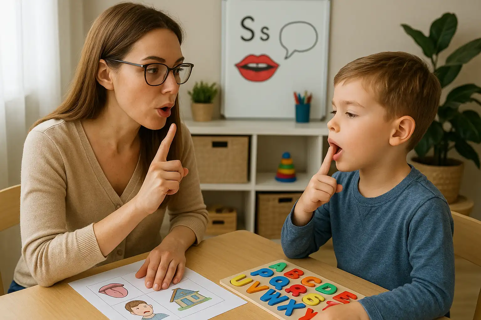 Speech therapist in Quarteira working with child in articulation therapy session