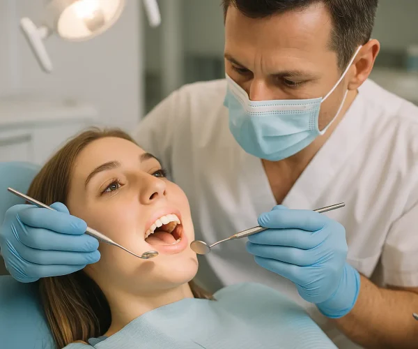 A dentist giving a dental check-up to a young patient in a dental practice, wearing blue gloves and a mask