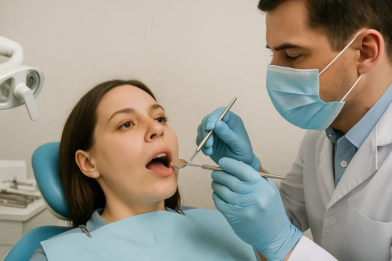 Dentist examining a patient's teeth at a dental clinic in Quarteira